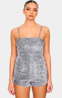 Silver Strappy Sequin Hot Pant Romper