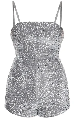 Silver Strappy Sequin Hot Pant Romper