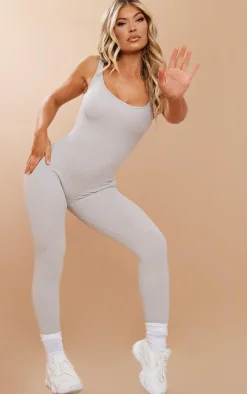 Silver Structured Snatched Ribbed Scoop Neck Jumpsuit