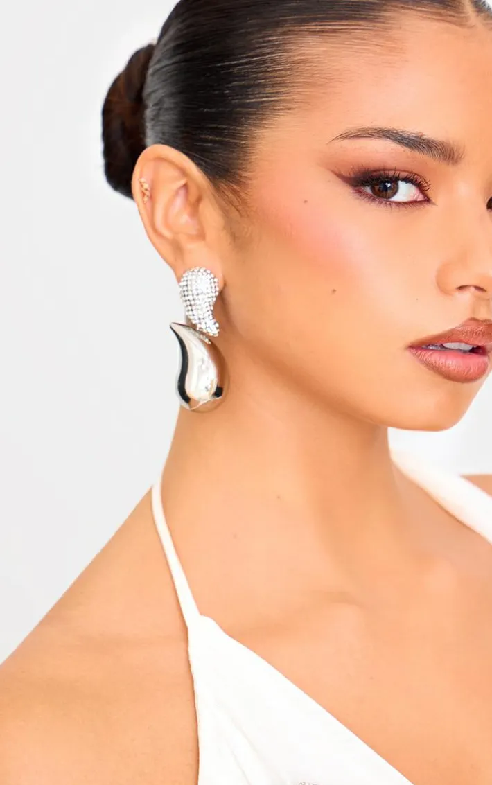 Silver Teardrop Diamante Link Statement Earrings