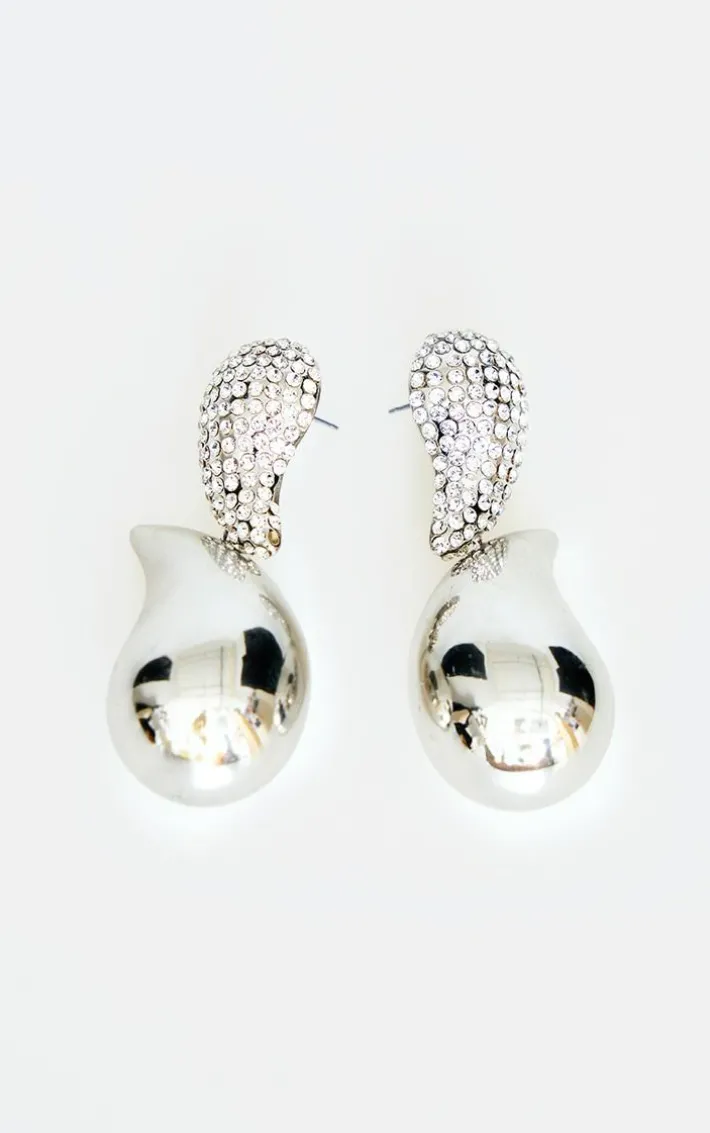 Silver Teardrop Diamante Link Statement Earrings