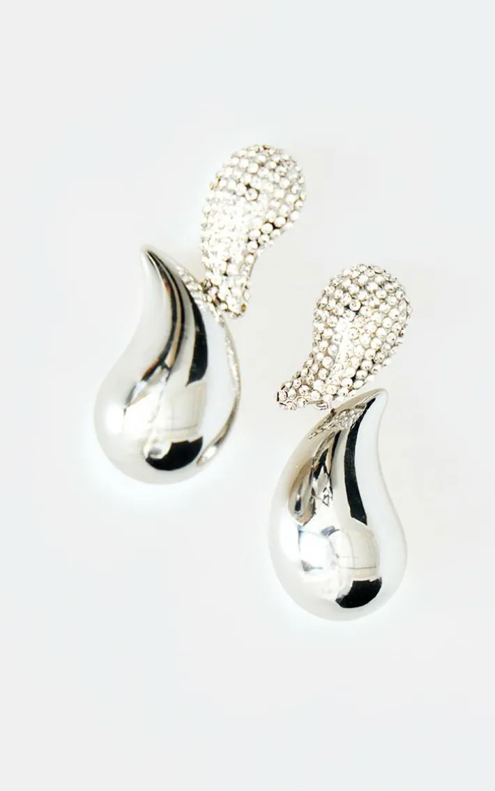 Silver Teardrop Diamante Link Statement Earrings