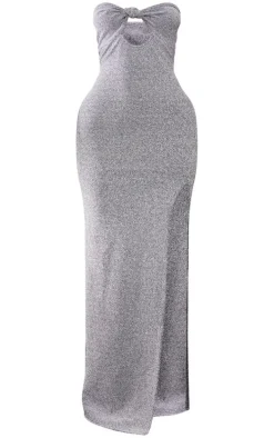 Silver Textured Glitter Bandeau Knot Front Maxi Dress