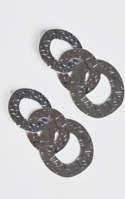 Silver Textured Link Drop Statement Earrings