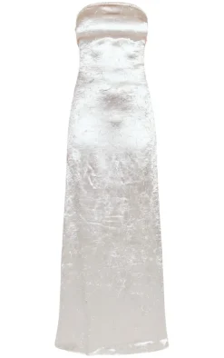 Silver Textured Satin Cowl Bandeau Maxi Dress