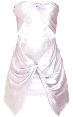 Silver Textured Satin Twist Detail Bandeau Bodycon Dress