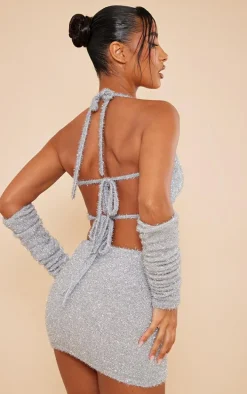 Silver Tinsel Knit Halterneck Bralet & Sleeves