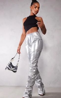 Silver Vinyl High Waist Ruched Flared Pants