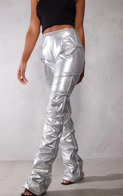 Silver Vinyl High Waist Ruched Flared Pants