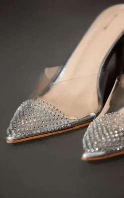 Silver Vinyl Point Toe Diamante Contrast High Heeled Court Mules