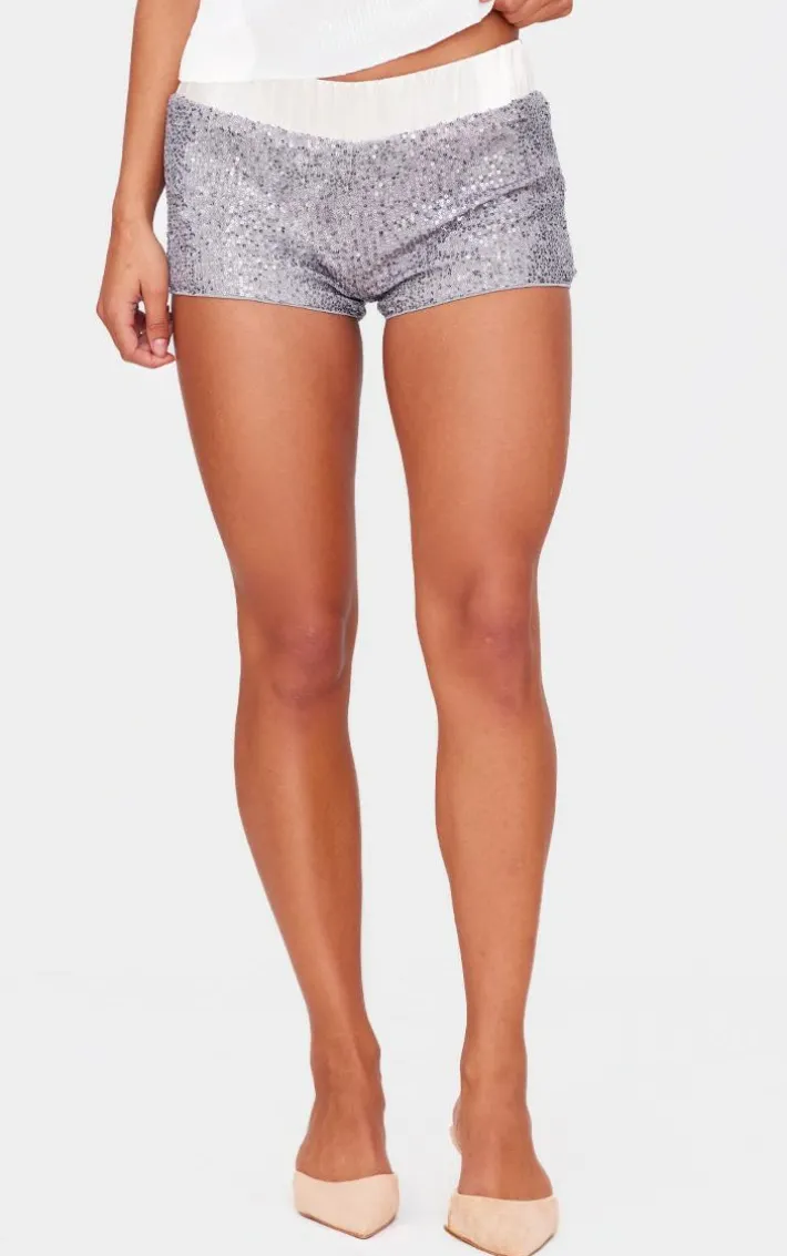 Silver Waistband Detail Sequin Mini Shorts