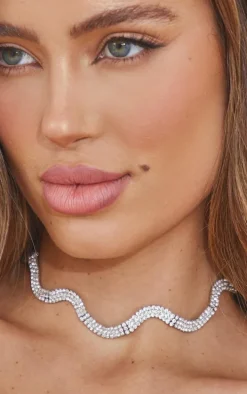 Silver Wave Diamante Choker Necklace