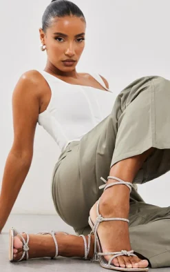 Silver Wide Fit Diamante Knot Detail Lace Up Cake Stand High Heeled Sandals