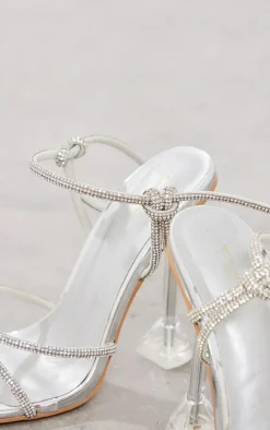 Silver Wide Fit Diamante Knot Detail Lace Up Cake Stand High Heeled Sandals