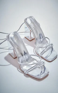 Silver Wide Fit Metallic PU Square Toe Asymmetric Straps High Heeled Sandals