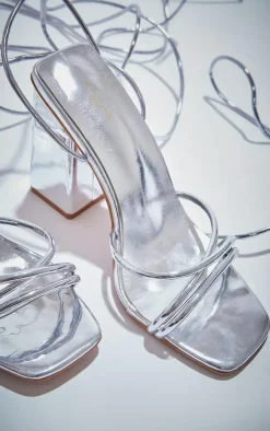 Silver Wide Fit Metallic PU Square Toe Asymmetric Straps High Heeled Sandals
