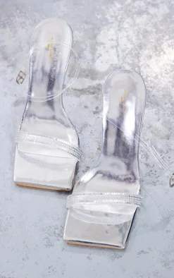 Silver Wide Fit Pu Square Toe Sequin Strap High Heeled Sandals