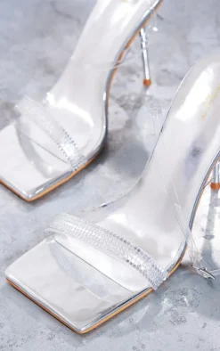 Silver Wide Fit Pu Square Toe Sequin Strap High Heeled Sandals