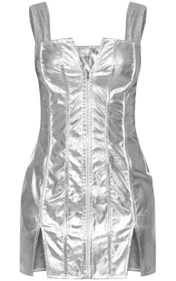 Silver Zip Front Metallic Sleeveless Shift Dress