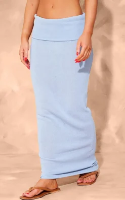 Sky Blue Knitted Foldover Waistband Low Rise Maxi Skirt