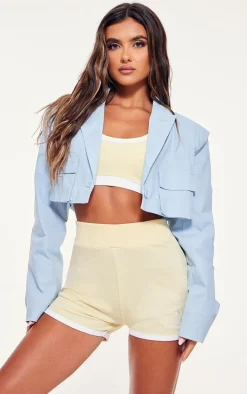 Sky Blue Linen Look Pocket Detail Super Cropped Blazer