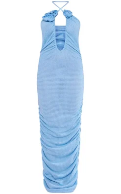Sky Blue Waffle Cross Halterneck Rose Detail Maxi Dress