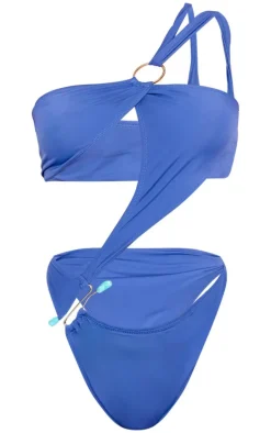 Slate Blue Asymmetric Cut Out Silver Trim Swimsuit