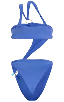 Slate Blue Asymmetric Cut Out Silver Trim Swimsuit