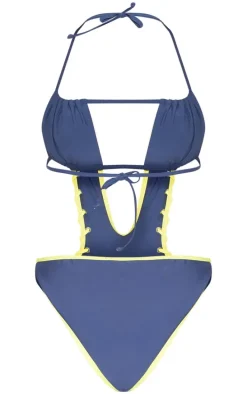 Slate Grey Contrast Stitch Cut Out Bandeau Swimsuit