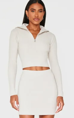 Slate Grey Soft Knit Zip Up Roll Neck Cropped Sweater