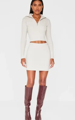 Slate Grey Soft Knit Zip Up Roll Neck Cropped Sweater