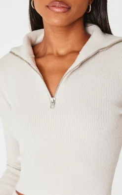 Slate Grey Soft Knit Zip Up Roll Neck Cropped Sweater