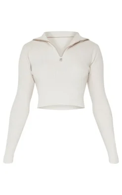 Slate Grey Soft Knit Zip Up Roll Neck Cropped Sweater