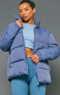 Slate Grey Soft Touch Nylon Longline Padded Panel Puffer Coat