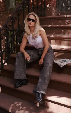 Slate Washed Faux Leather Dart Pocket Straight Leg Pants