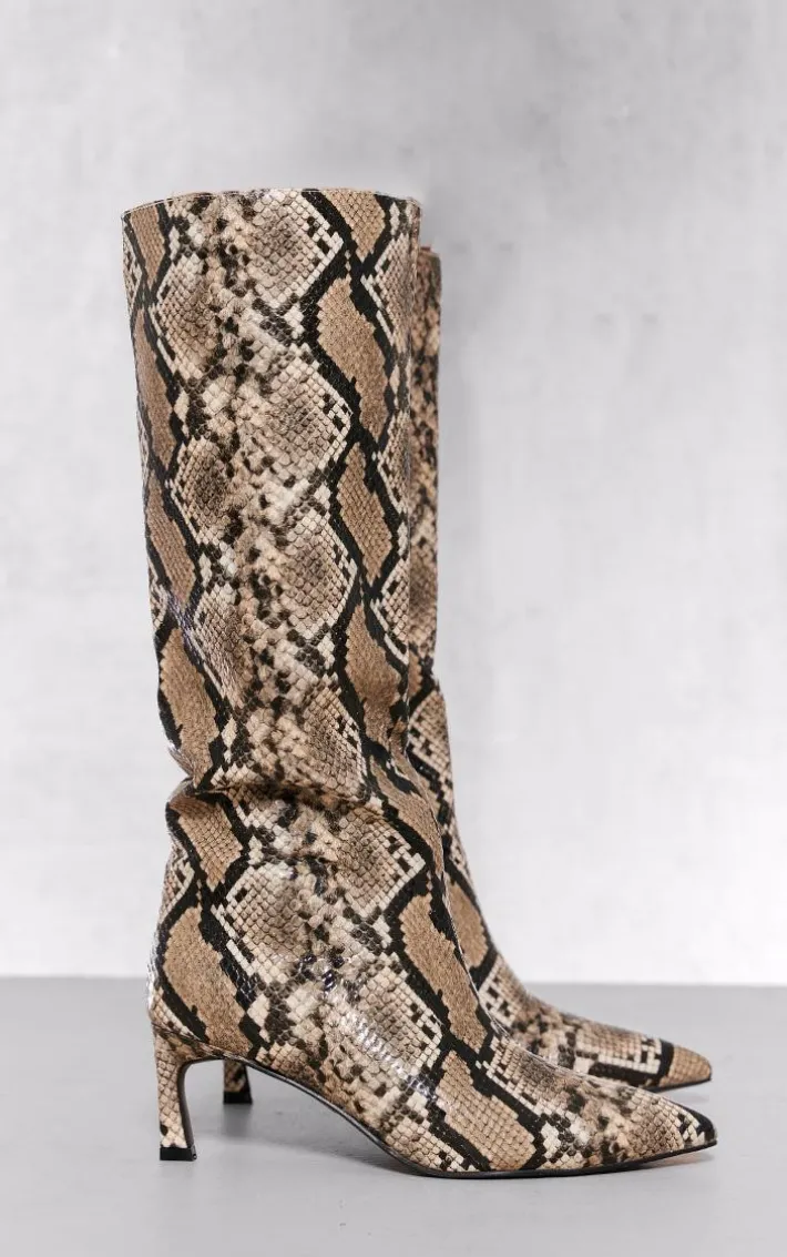 Snake Print Croc Pu Point Toe Low Heeled Knee Boots