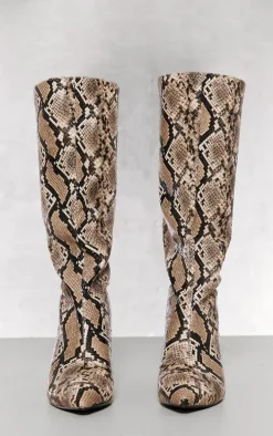 Snake Print Croc Pu Point Toe Low Heeled Knee Boots
