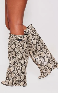 Snake Print PU Fold Over Knee Block Heeled Boots