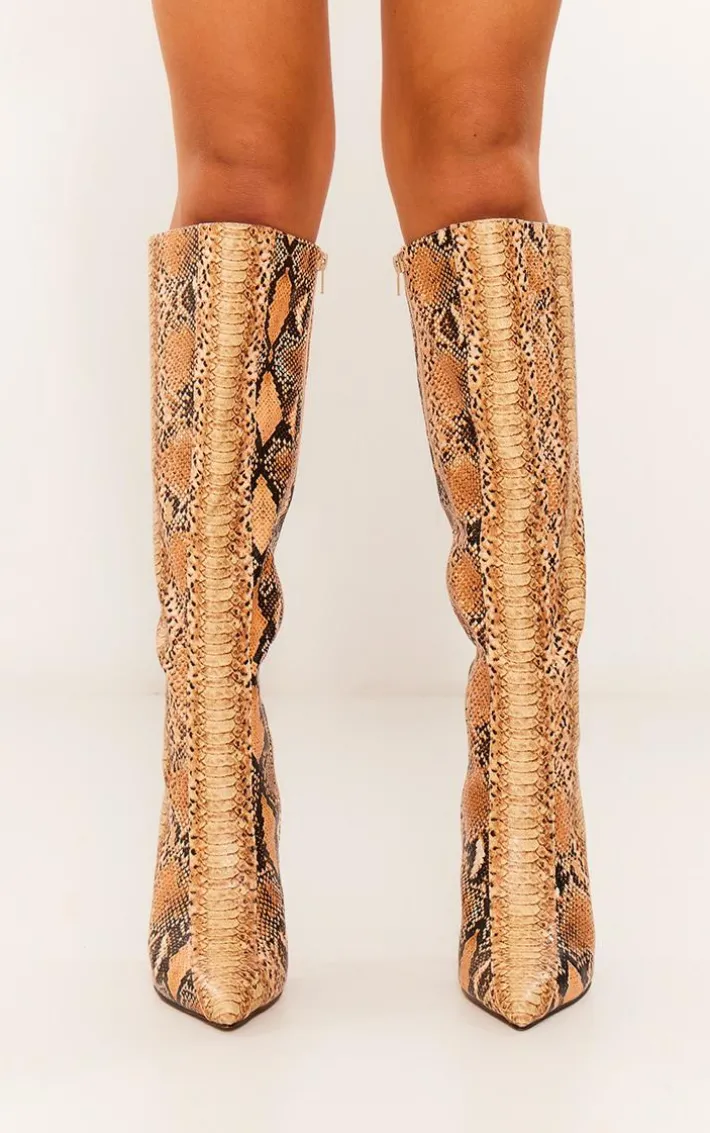 Snake Print PU Point Toe Knee High Heeled Boots