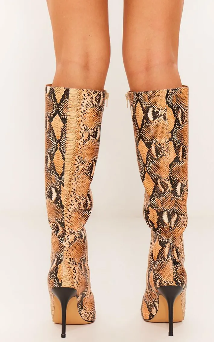 Snake Print PU Point Toe Knee High Heeled Boots