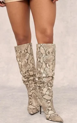 Snake Print PU Point Toe Ruched Stiletto Heeled Knee Boots