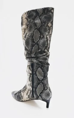 Snake Print PU Wide Fit Gathered Low Heel Knee High Boots