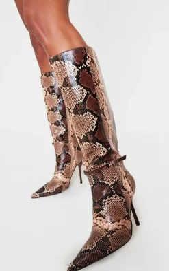 Snake PU Point Toe Knee High Stiletto Heeled Boots