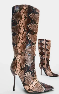 Snake PU Point Toe Knee High Stiletto Heeled Boots