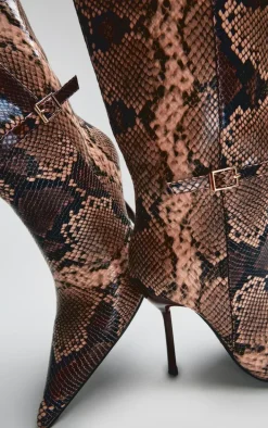 Snake PU Point Toe Knee High Stiletto Heeled Boots