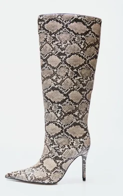 Snake PU Point Toe Stiletto Knee High Heeled Boots