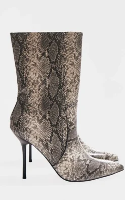 Snake PU Point Toe Stitch Detail High Stiletto Heeled Boots