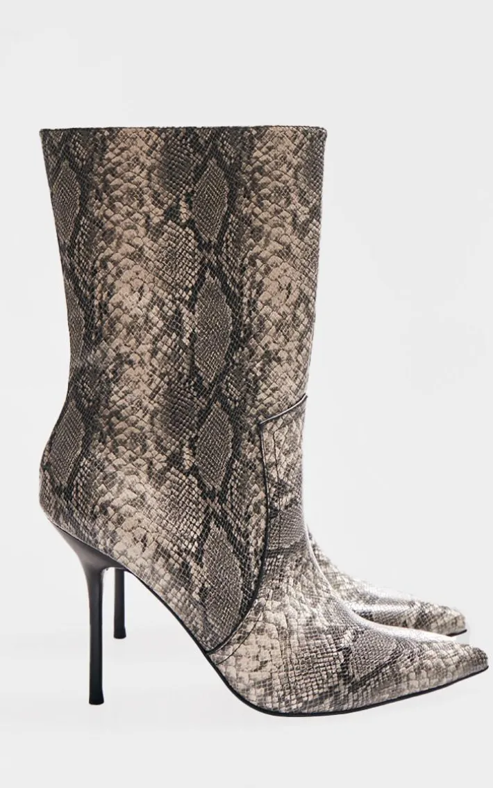 Snake PU Point Toe Stitch Detail High Stiletto Heeled Boots