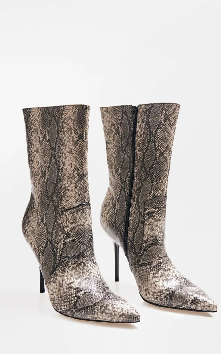 Snake PU Point Toe Stitch Detail High Stiletto Heeled Boots