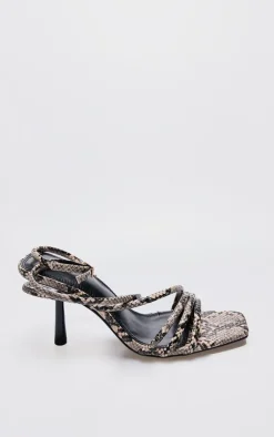 Snake PU Square Toe Asymmetric Tube Strap Heeled Sandal